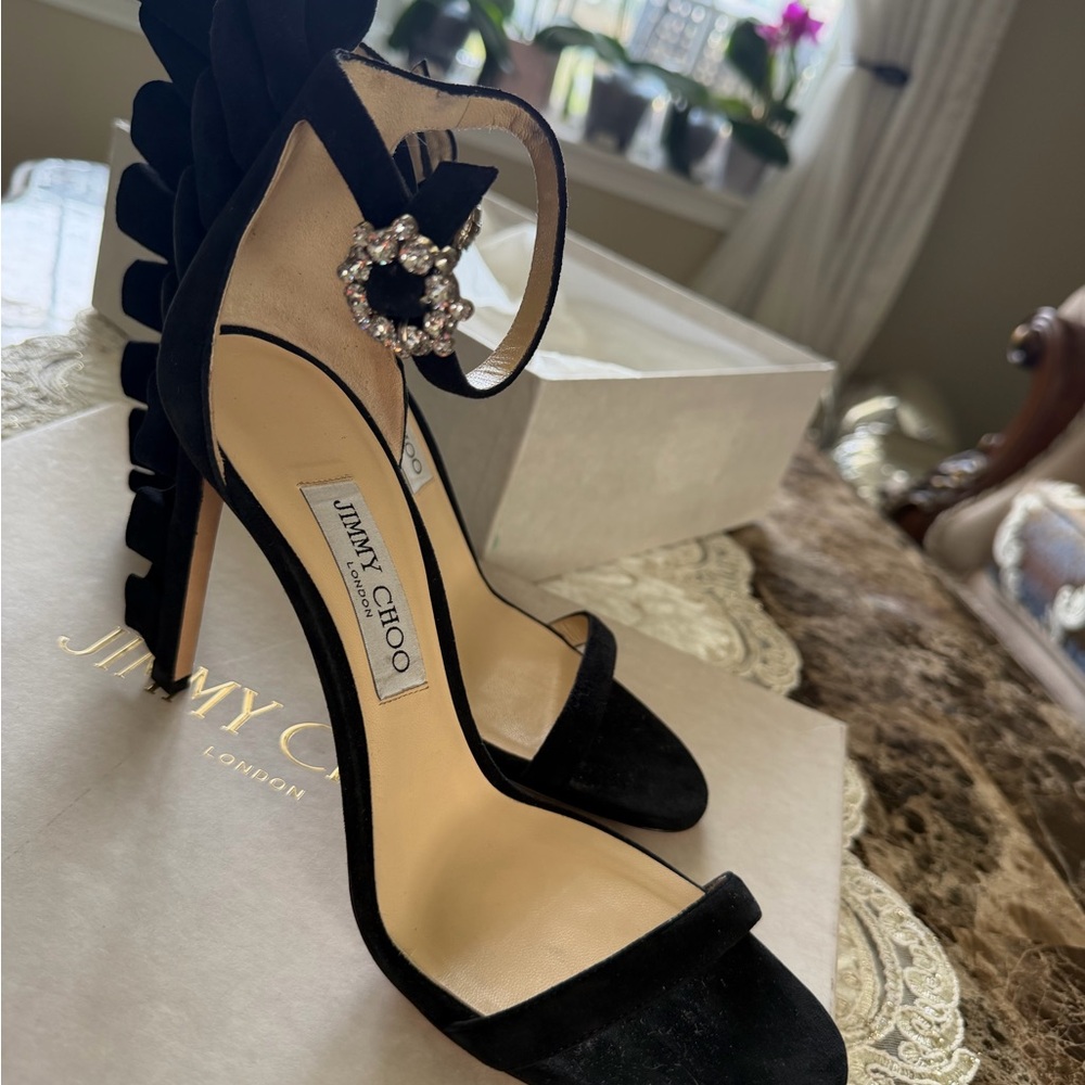 Jimmy Choo Black Suede Wingback Ankle-Strap Heels - Picture 11 of 15